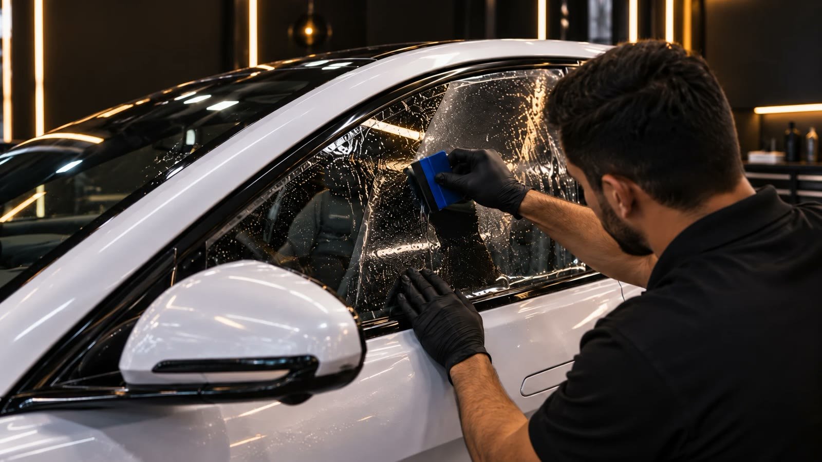 Aplicação de película de segurança no vidro de um carro branco