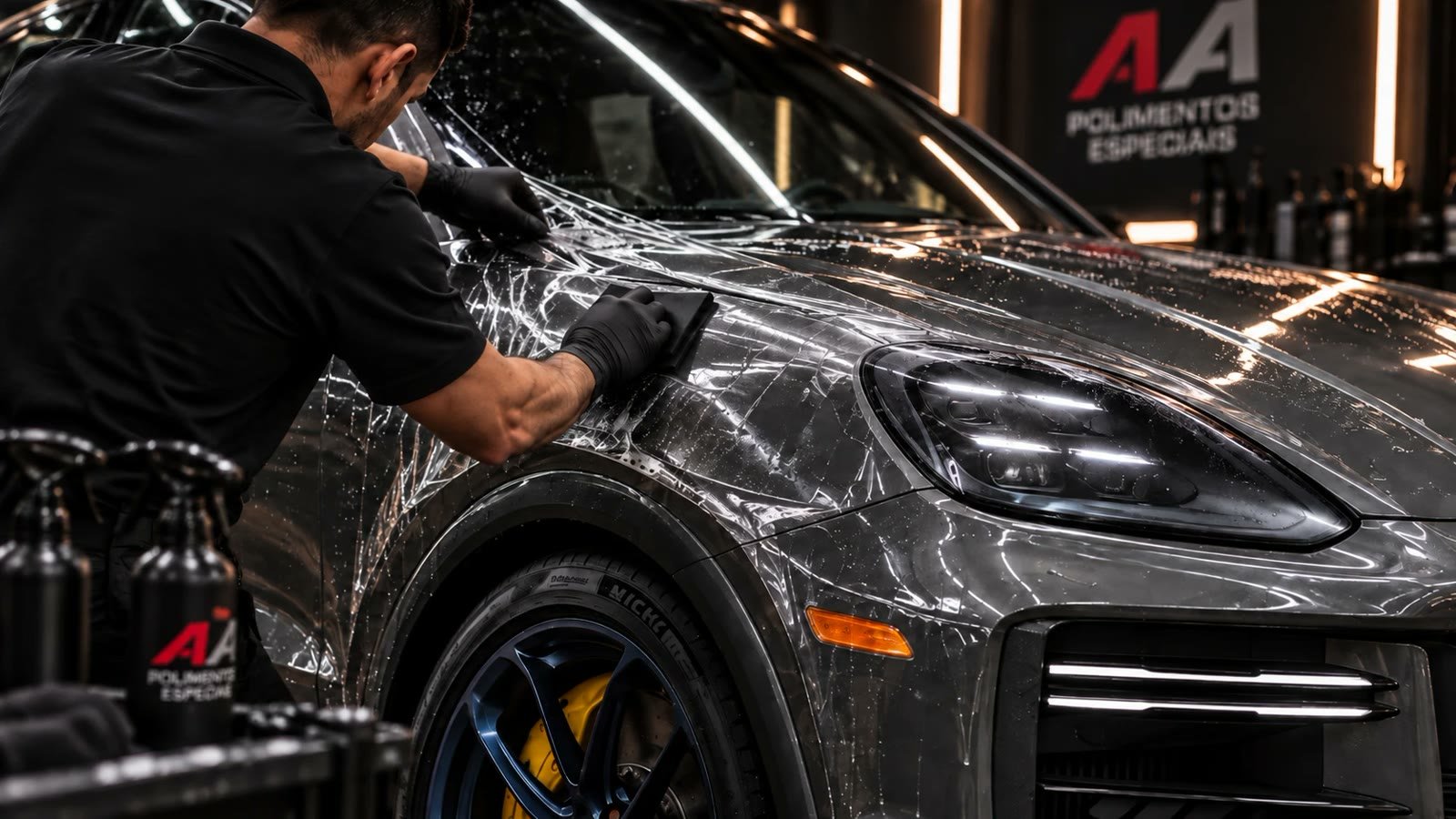 Aplicação de PPF no para-lama de um Porsche Cayenne cinza na A.A